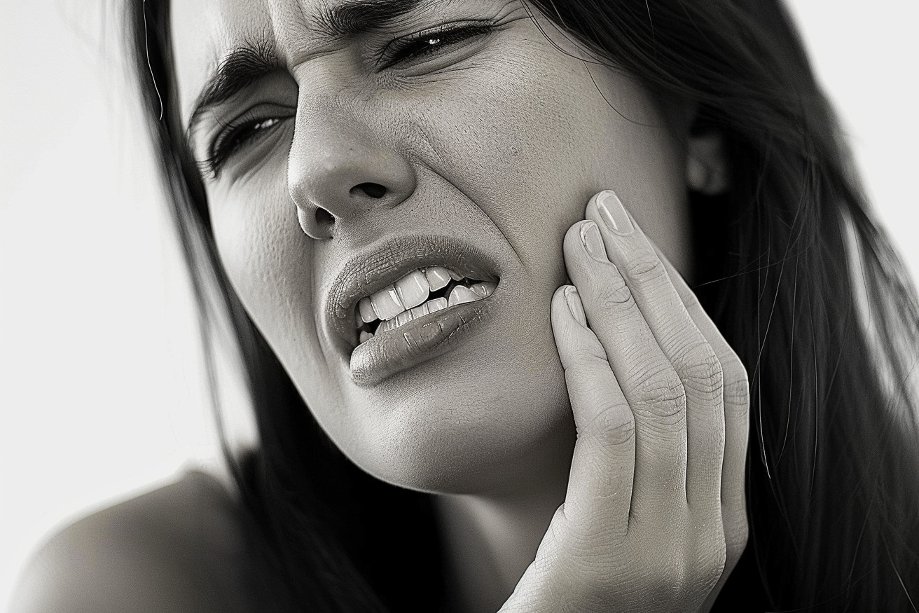 A woman slightly wincing in pain